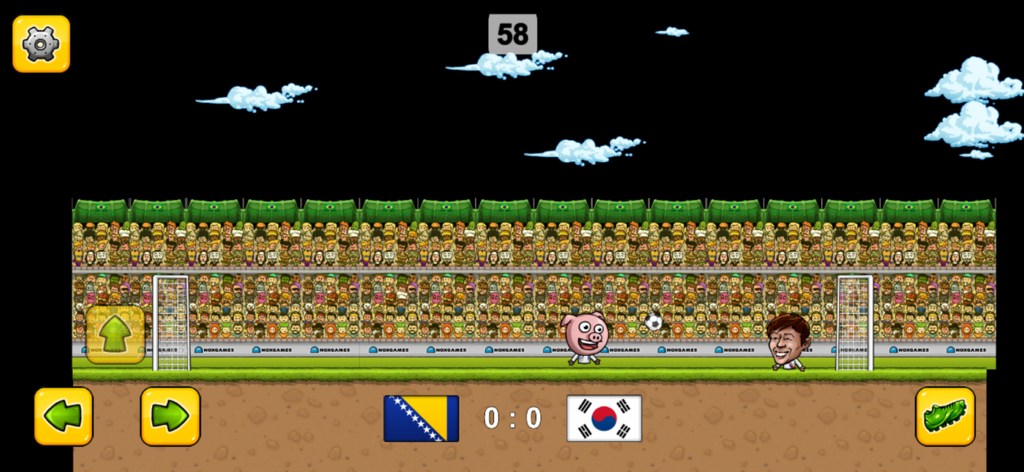Captura de pantalla del juego de Head Soccer 2D mostrando un partido entre personajes peculiares que representan a Bosnia y Corea del Sur
