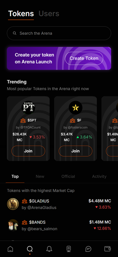 The Arena: SocialFi - The Arena app interface showing trending and top social tokens with their current market cap and price performance