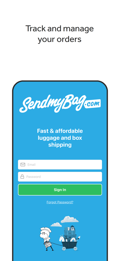 Anmeldebildschirm für die Send My Bag Kofferversand-App