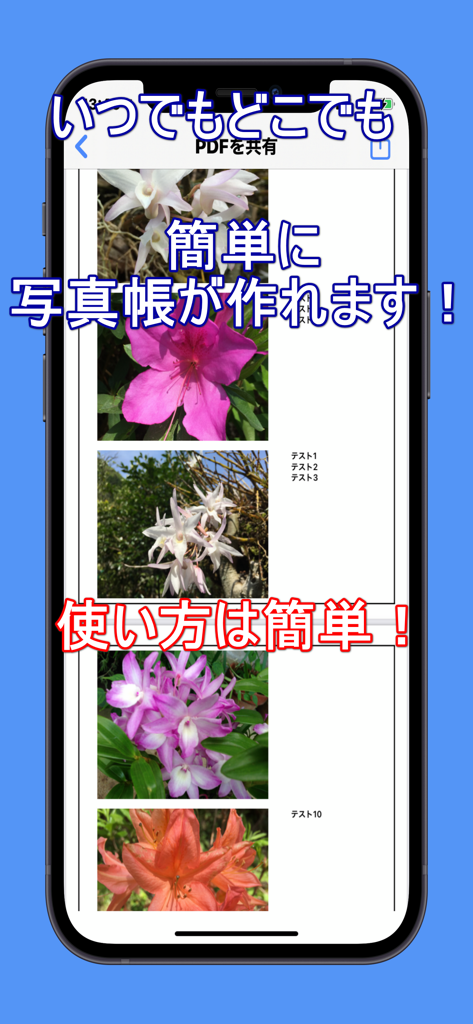 花の写真とサイドバイサイドのコメントが付いたフォトブックレイアウトを表示するiPhone画面