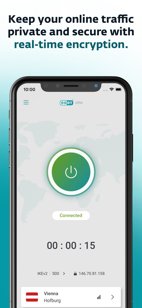 ESET VPN mobile app dashboard showing a secure connection to a server in Vienna with a green power button