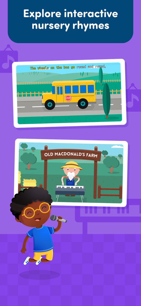 Eine Kinderfigur singt Kinderlieder wie ‚Die Räder vom Bus‘ und ‚Old MacDonald‘ in der Montessori Preschool App