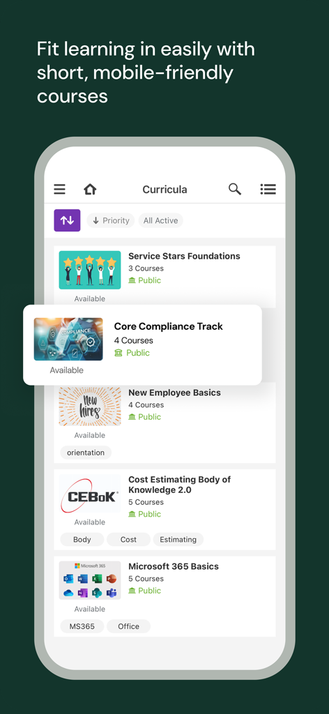 UKG Pro Learning - UKG Pro Learning app interface displaying a list of professional curricula and mobile friendly courses