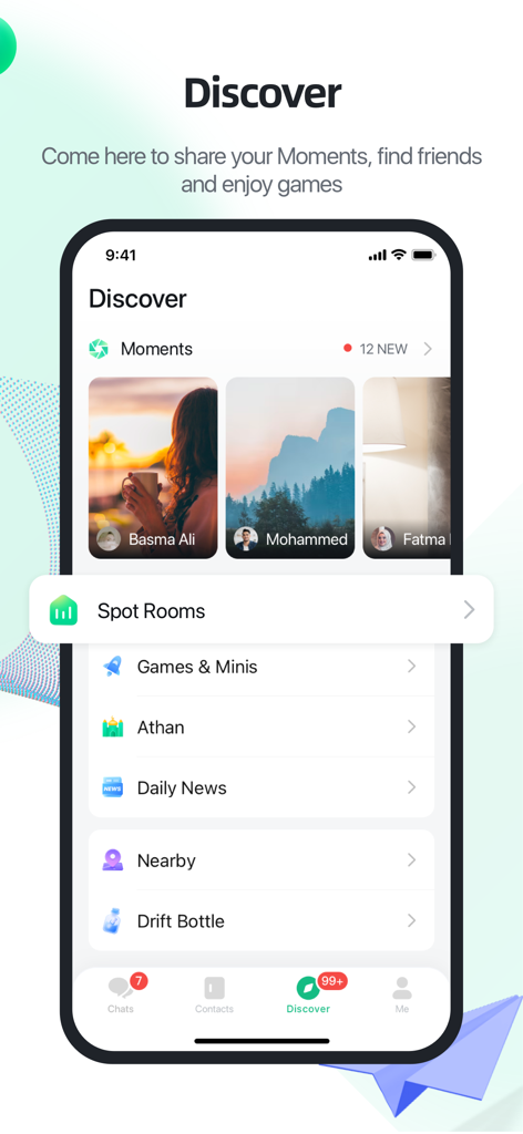 YallaChat - YallaChat app Discover screen showing Moments, Spot Rooms, Games, and Athan prayer reminders.
