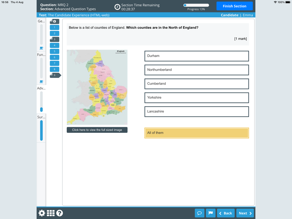 SecureClient - SecureClient app interface displaying a multiple choice exam question and a map of England