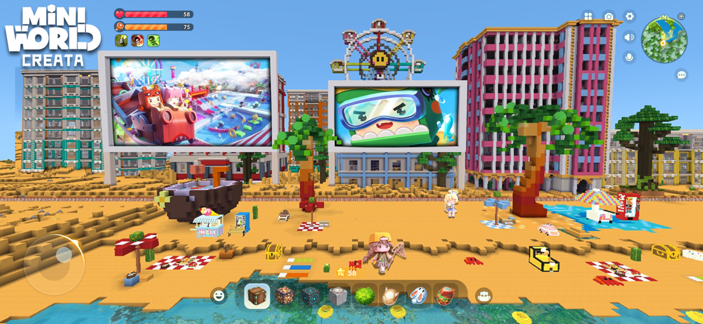 Mini World: CREATA - Un colorido mundo sandbox en Mini World CREATA mostrando una playa con edificios y vallas publicitarias.
