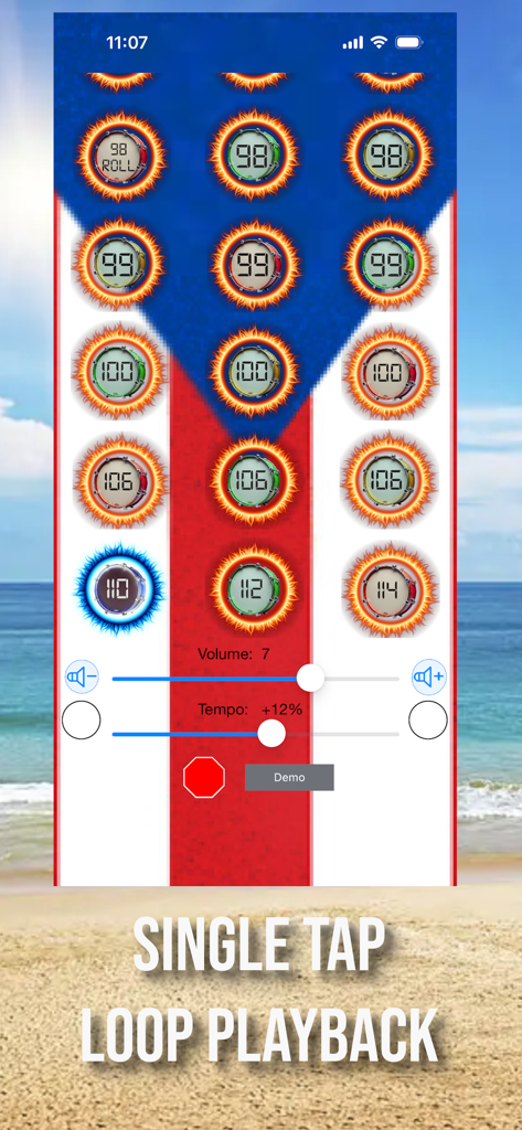 Reggaeton Roots Drum Loops - Reggaeton Roots Drum Loops mobile app interface showing single tap playback buttons with different BPM options.