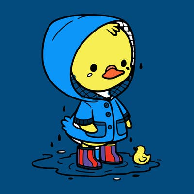 baby duck in a rain coat and boots, in a puddle while it’s raining
