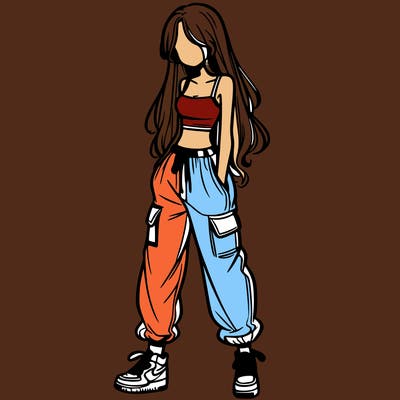 girl in baggy pants crop top and long hair