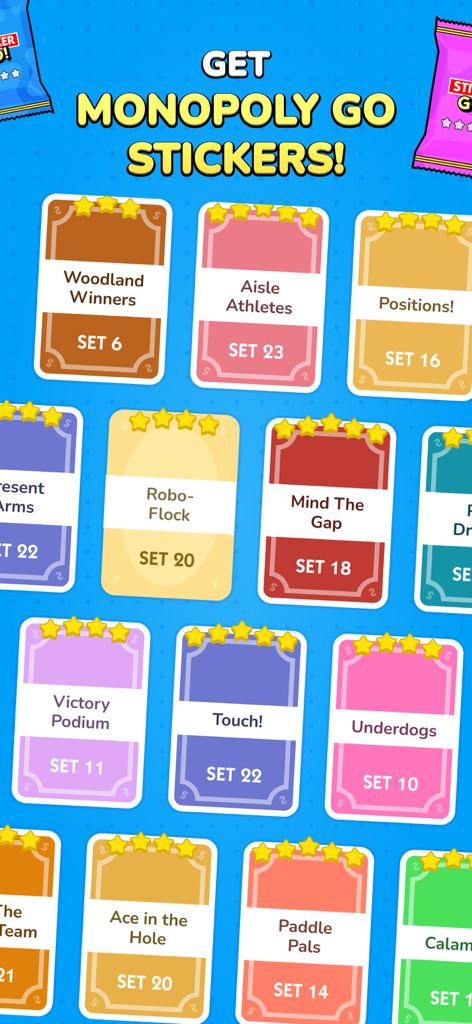 Sticker GO! - Uma coleção de várias figurinhas do Monopoly GO de diferentes conjuntos disponíveis para troca no aplicativo Sticker GO