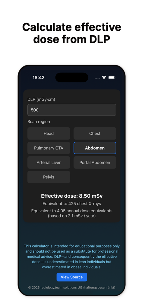 ScanDose mobile app interface showing a CT radiation dose calculation