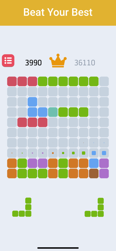 1010 - Block Puzzle Game - Screenshot di gioco di 1010 Block Puzzle Game con una griglia 10x10 con blocchi colorati e l'intestazione Beat Your Best.