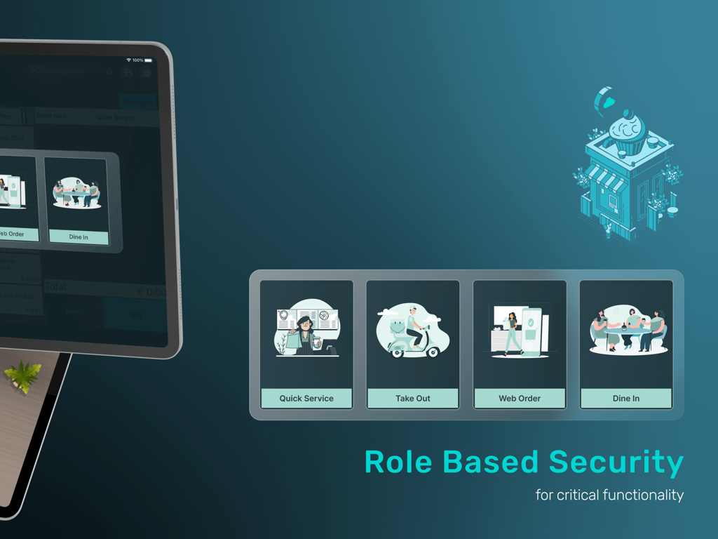 Interfaz TPV para iPad CBE Innova que muestra modos de servicio y seguridad basada en roles