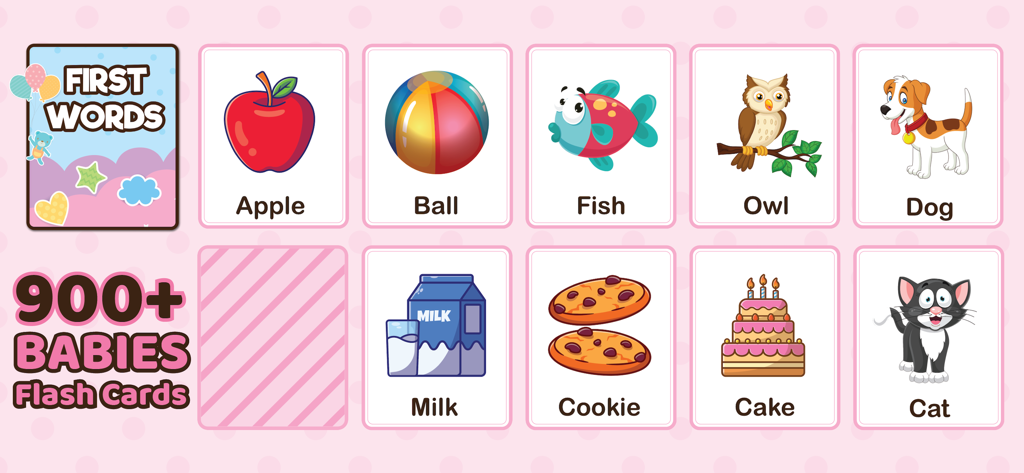 Educational flashcards for toddlers featuring common first words like apple and dog