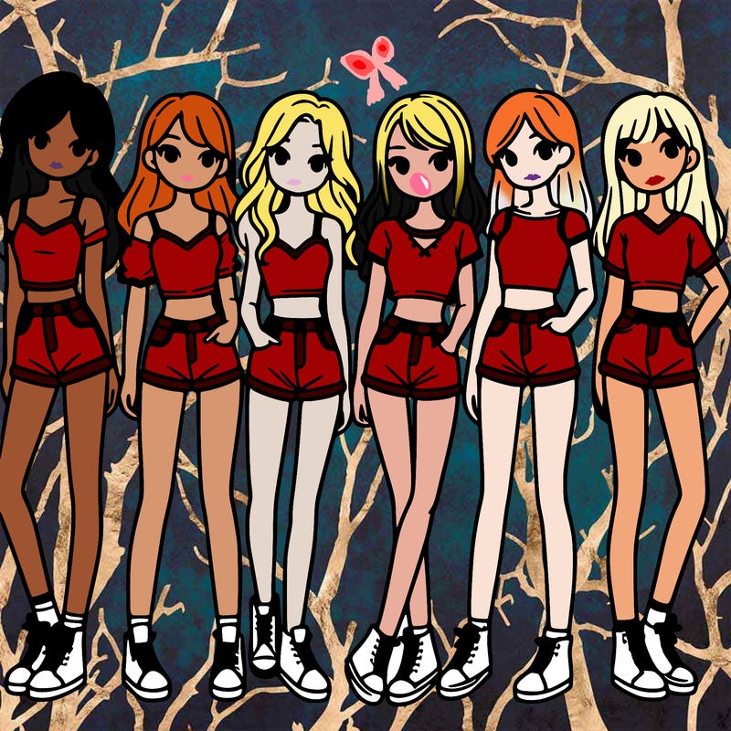 a group of girls wearing crop tops and shorts