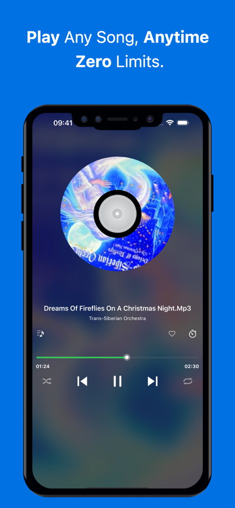 Music Player app interface on a smartphone showing a song playing with a Zero Limits header.