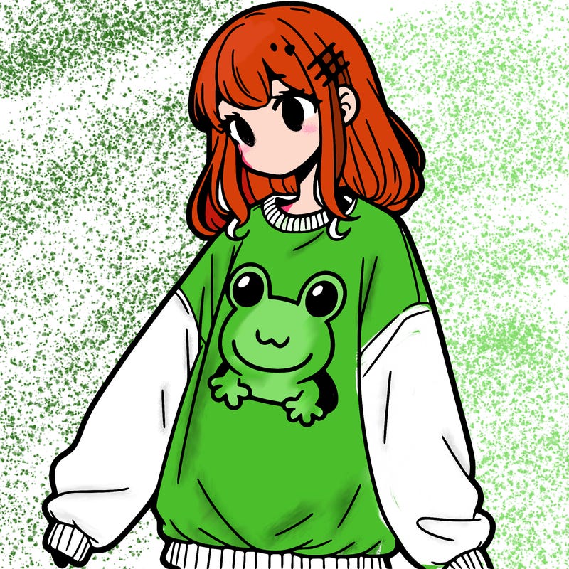 girl wearing frogging sweatshirt