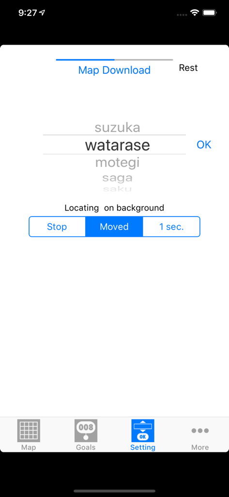 Tela de configurações no aplicativo GoalView for Chase mostrando opções de download de mapa e configurações de rastreamento de localização em segundo plano