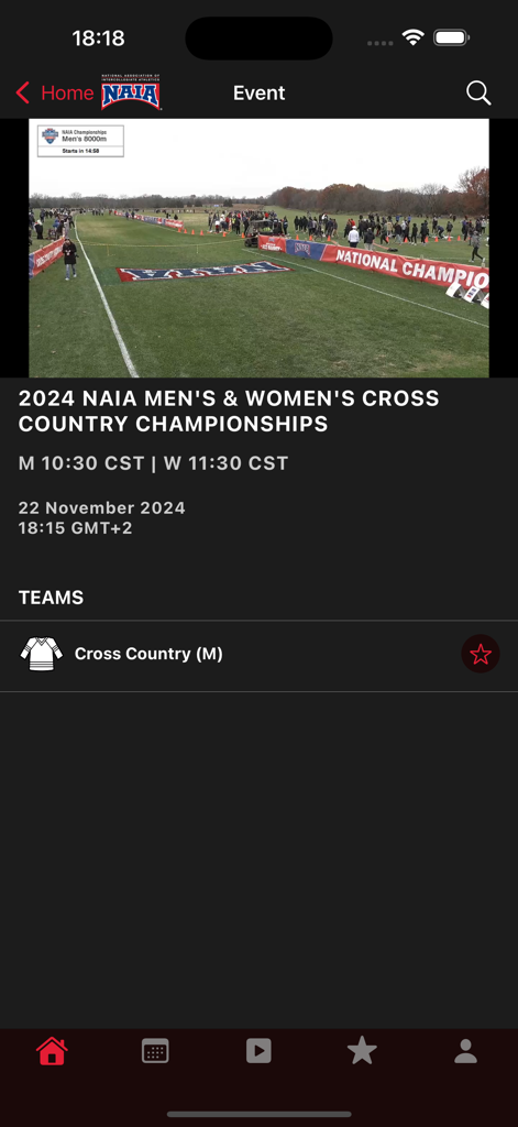 NAIA-Network - NAIA Network mobile app displaying the 2024 Men and Women Cross Country Championships event page.