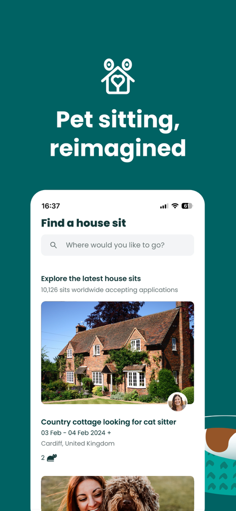 TrustedHousesitters mobile app interface showing a house sit listing for a country cottage