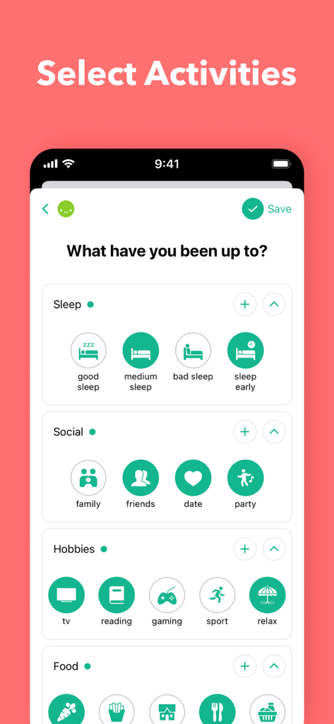 Daylio Journal app screen for tracking activities using simple icons for sleep social hobbies and food