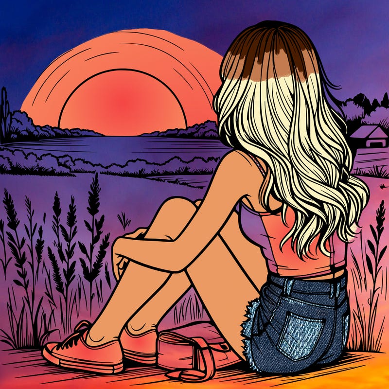 realistic girl sitting and watching the sunset
