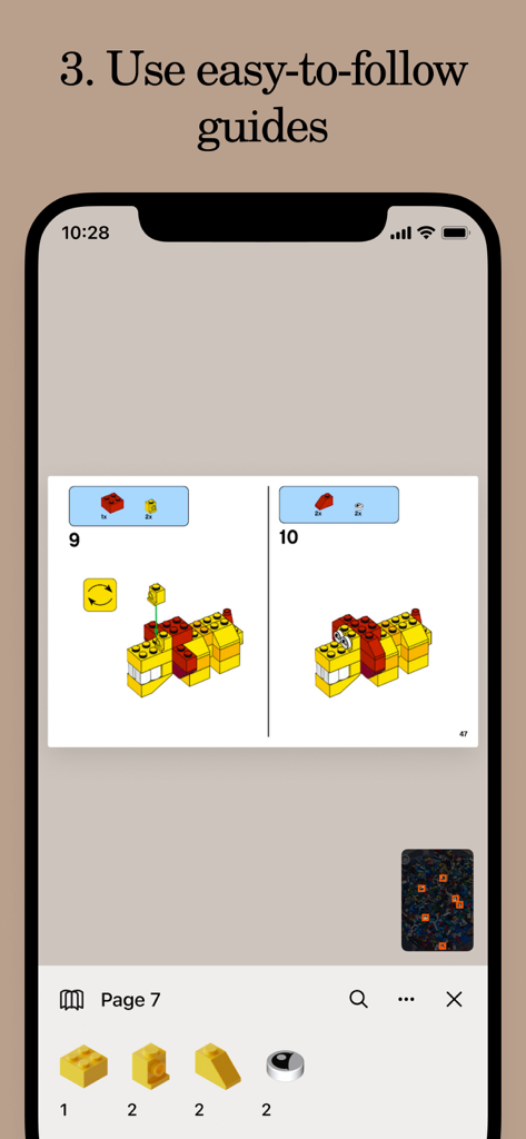 Smartphone screen showing step by step digital instructions for building a toy creature in the Brickit app