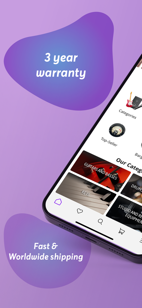 Thomann official app showing three year warranty and worldwide shipping features on a mobile device