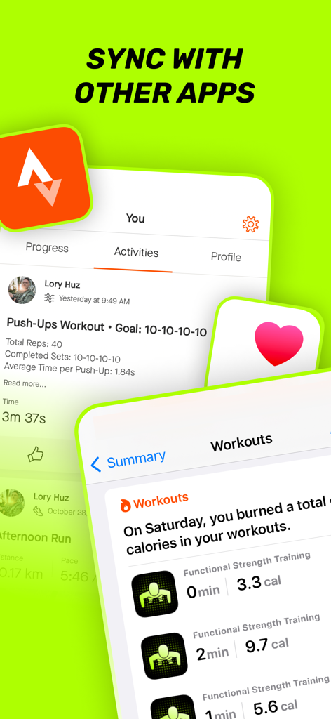 Puuush app screens demonstrating integration and data syncing with Strava and Apple Health