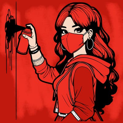 realistic girl with mask spray painting a wall