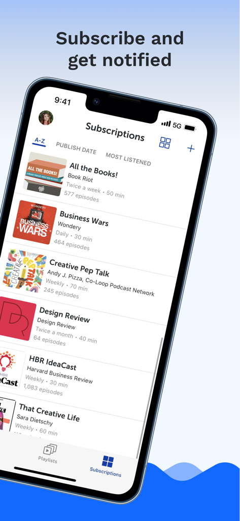 A mobile interface showing a list of podcast subscriptions in the Breaker app.