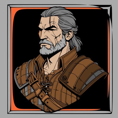 bust of geralt of rivia from the game the witcher in a rectangular frame in a realistic style