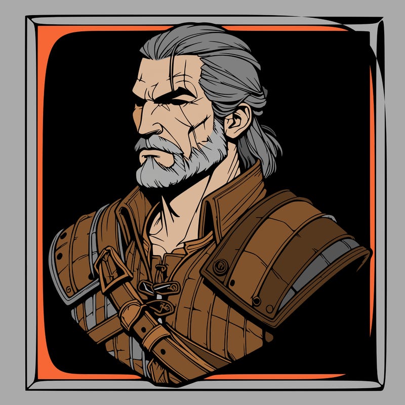 bust of geralt of rivia from the game the witcher in a rectangular frame in a realistic style