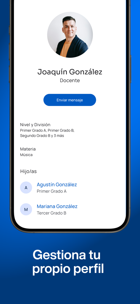 fidu - Interfaz de perfil de usuario en la aplicación fidu que muestra información del profesor y estudiantes vinculados