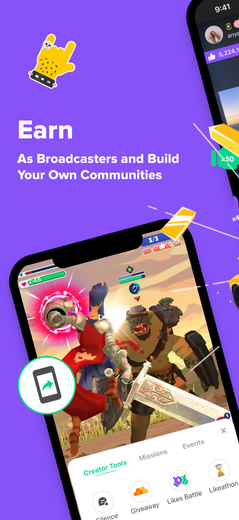 Tela do aplicativo YouNow mostrando uma transmissão de jogo ao vivo e ferramentas de criador para broadcasters.