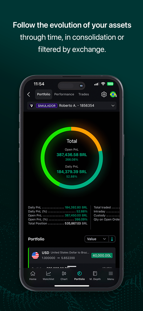 Vector Nelogica - Vector Nelogica app portfolio dashboard displaying total and daily profit and loss for crypto trading.