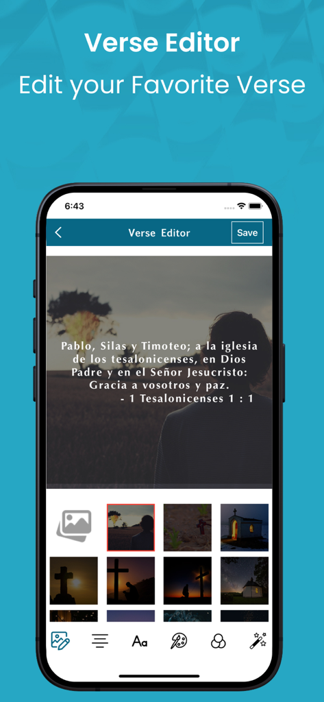 The Modern Bible in Spanish. - Interfaz de la función Verse Editor en la app Modern Bible mostrando una imagen de escritura personalizable en español.