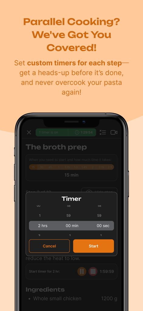 Mealpreper Guide: Plan & Cook! - Ecrã de um smartphone exibindo a funcionalidade de cozinha paralela com temporizadores personalizados para os passos de preparação de refeições