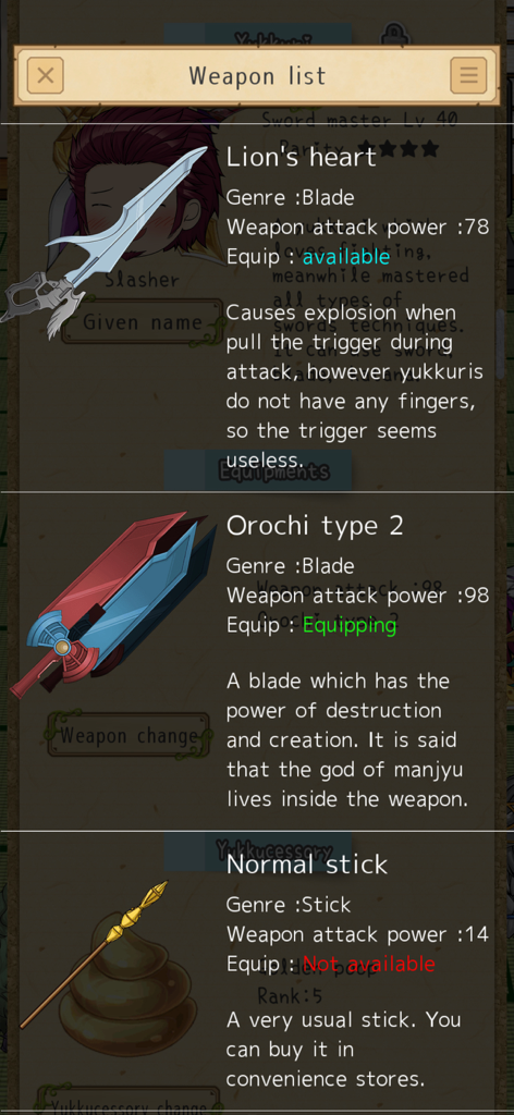 Yukkuri My Friends - A weapon list menu in the Yukkuri My Friends app displaying different blades and sticks with their attack power and descriptions.