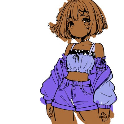 anime girl with mini shorts and a crop top and short hair