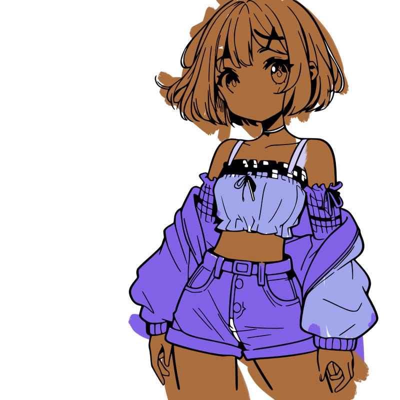 anime girl with mini shorts and a crop top and short hair