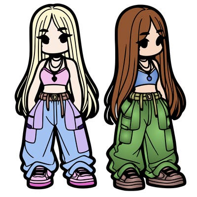 girl in baggy pants crop top and long hair
