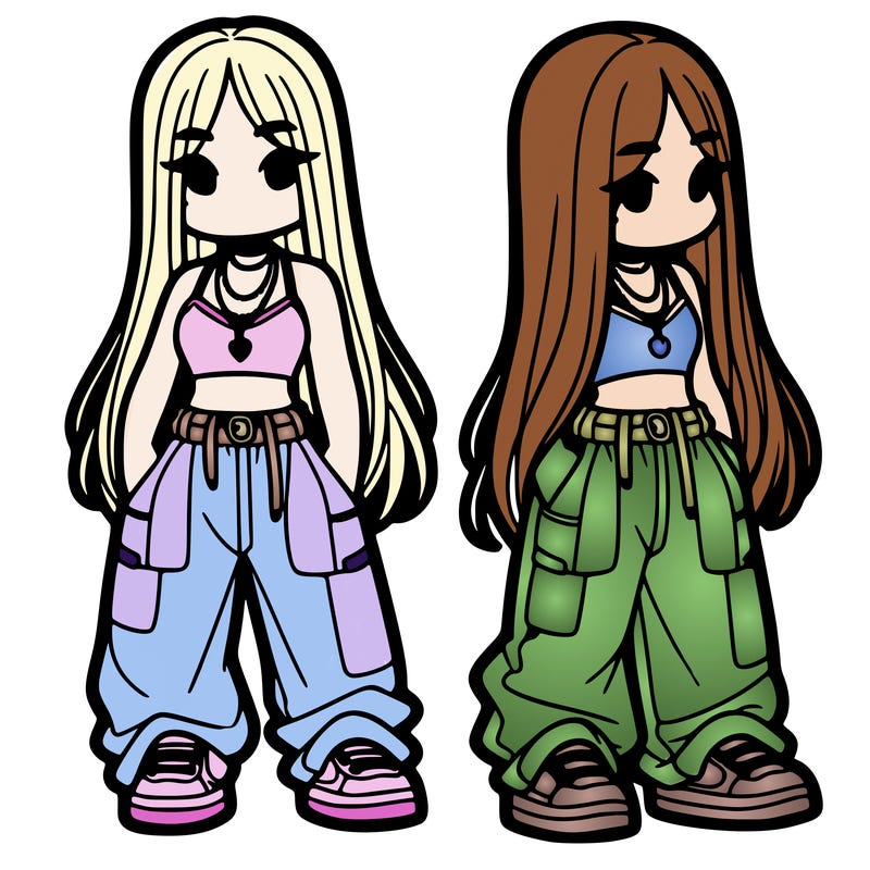 girl in baggy pants crop top and long hair