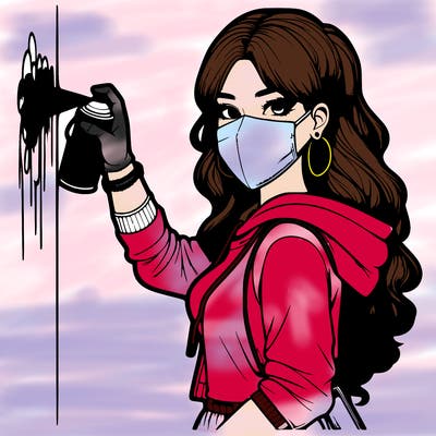 realistic girl with mask spray painting a wall