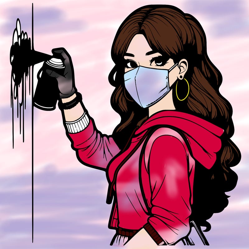 realistic girl with mask spray painting a wall