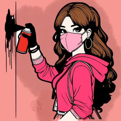 realistic girl with mask spray painting a wall