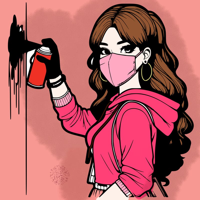 realistic girl with mask spray painting a wall