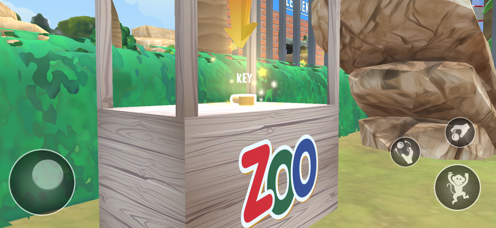 Crazy Monkey Zoo Survival Game - Uma chave dourada brilhante em um suporte de madeira em um jogo de simulador de zoológico