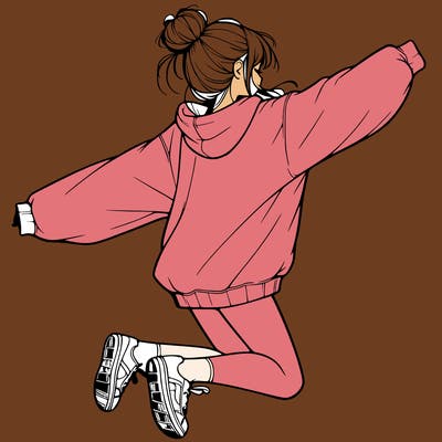 realistic girl jumping with a bun and oversized sweatshirt