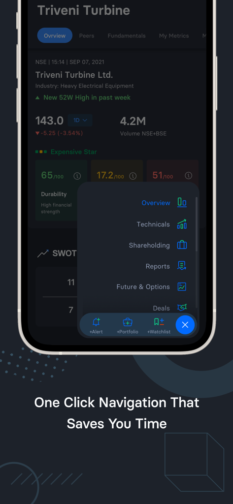 Trendlyne - Stocks & Finance - Captura de pantalla de la aplicación Trendlyne que muestra un menú de navegación de un clic para el análisis del mercado de valores y el seguimiento de cartera.